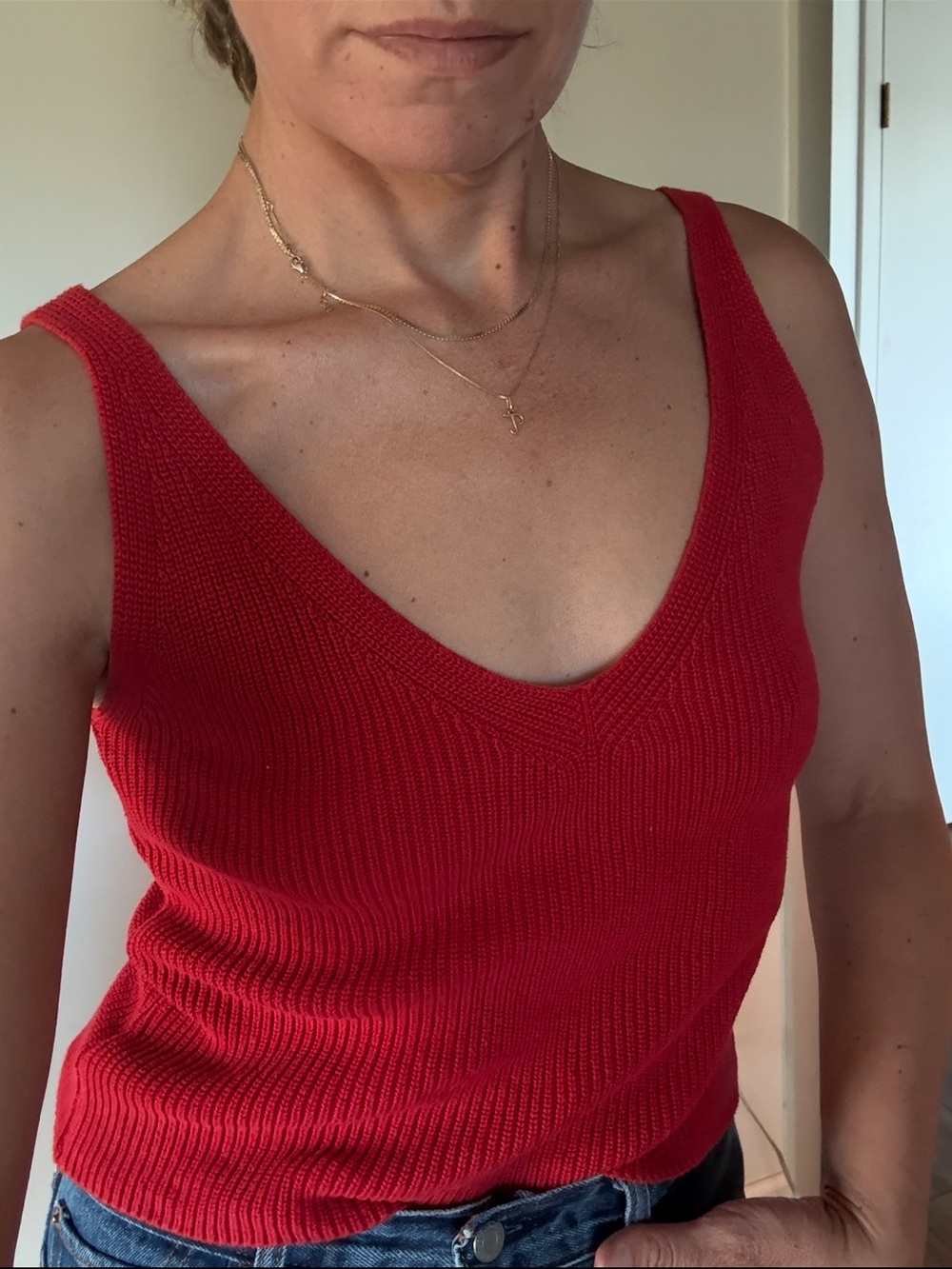 Brandy Melville Red Ribbed V-Neck Tank